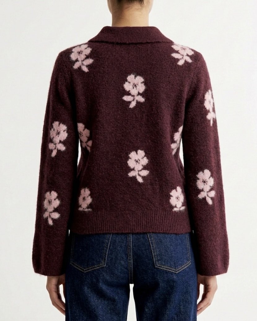 Polo in Maglia Isabelle Blanche Jacquard Floreale in Lana e Yak