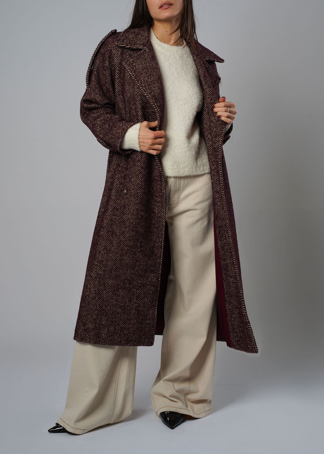 Cappotto lungo in tweed bordeaux