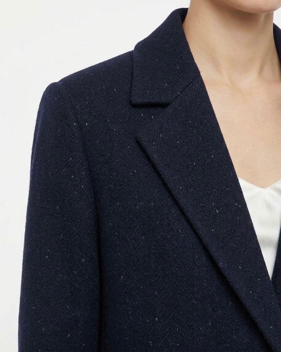 Cappotto Lungo H2O Italia in Misto Lana Blu Navy con Micro Paillettes