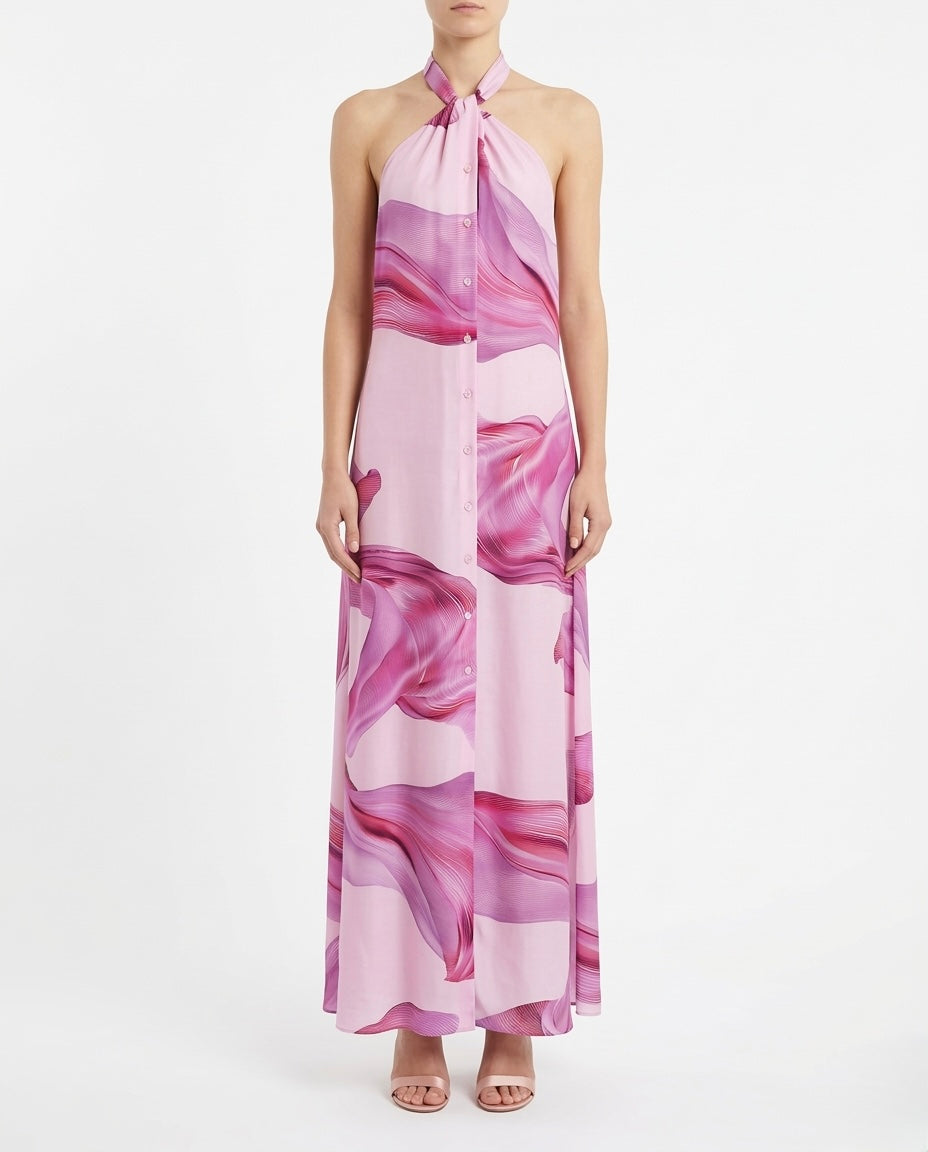 Abito lungo halter stampa rosa