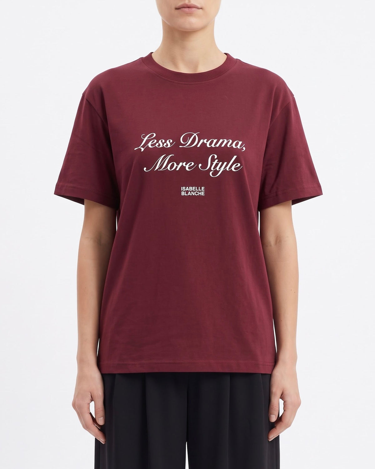T-Shirt Isabelle Blanche a Manica Corta con Stampa “Less Drama, More Style” Banana e Bordeaux