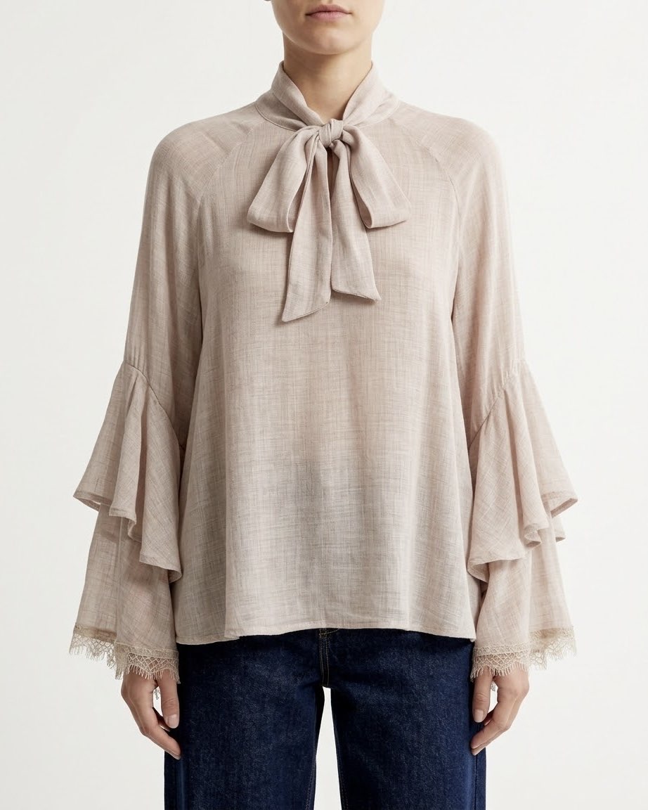 Blusa fluida H2O con fiocco e maniche a balze Crema
