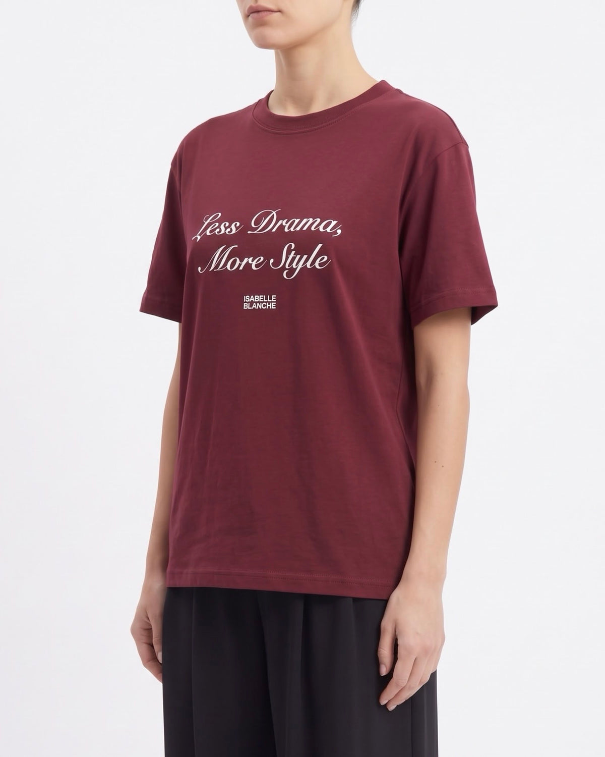 T-Shirt Isabelle Blanche a Manica Corta con Stampa “Less Drama, More Style” Banana e Bordeaux
