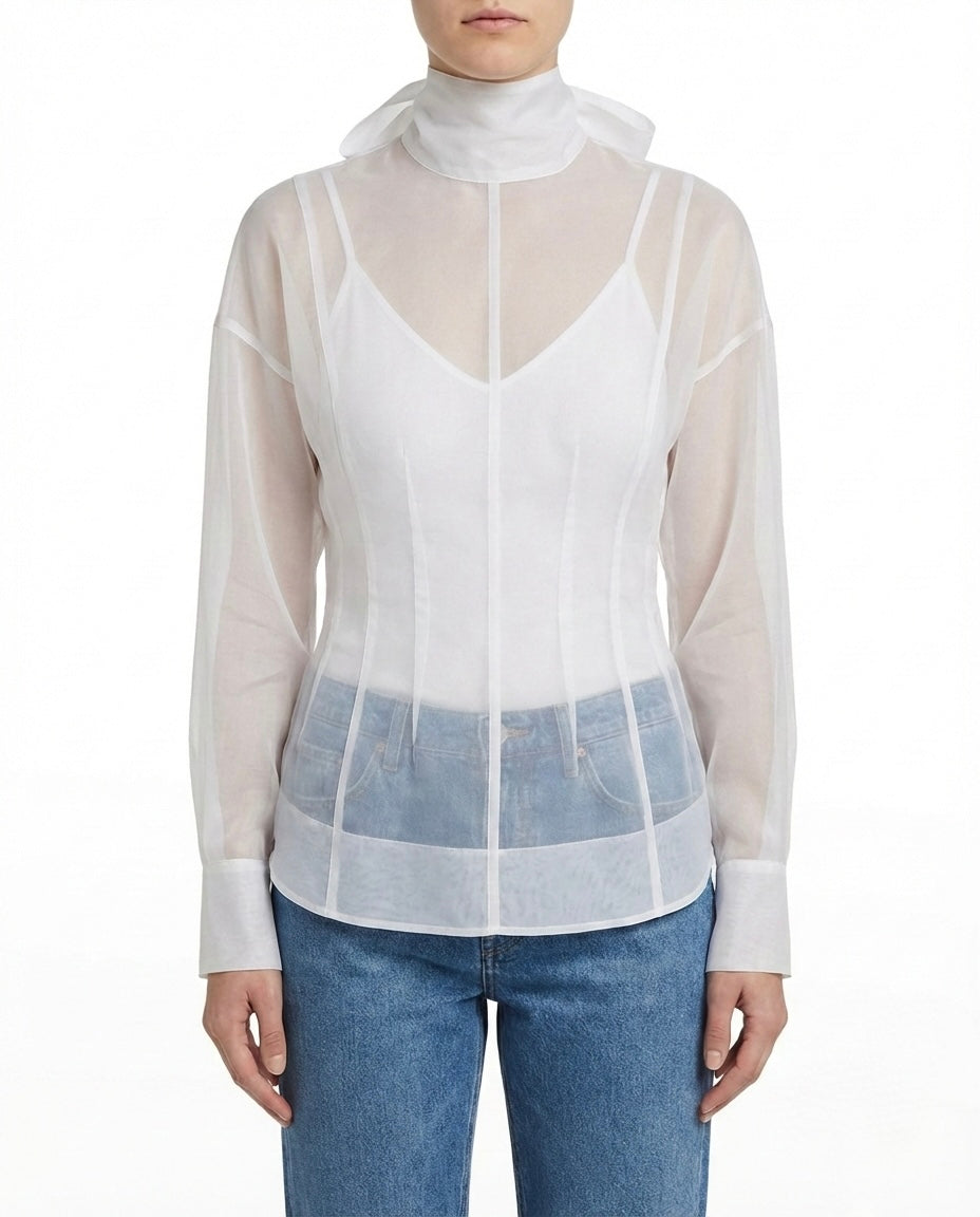 Blusa velata con collo alto
