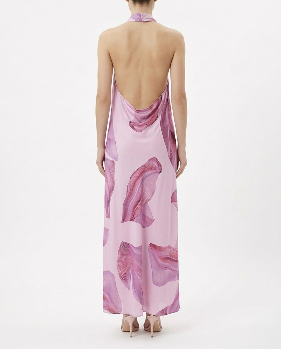 Abito lungo halter stampa rosa