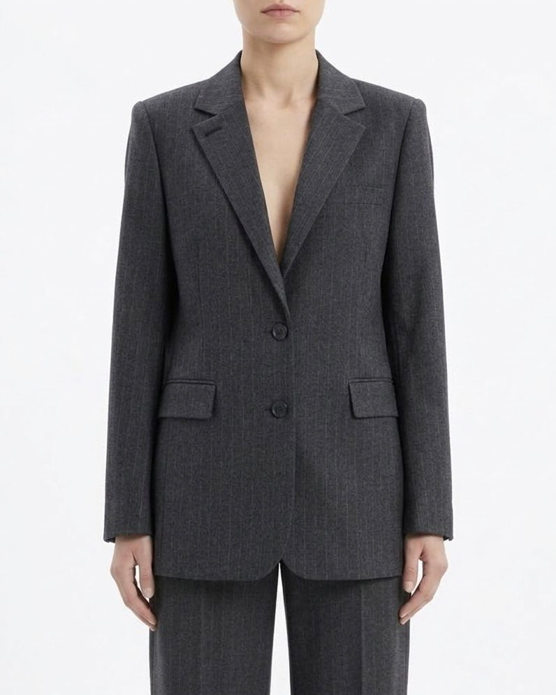 Giacca Blazer Selected Femme Gessata Grigio Antracite in Misto Lana RWS